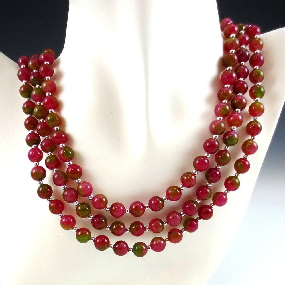 Watermelon Quartz and Sterling 3-Strand Necklace